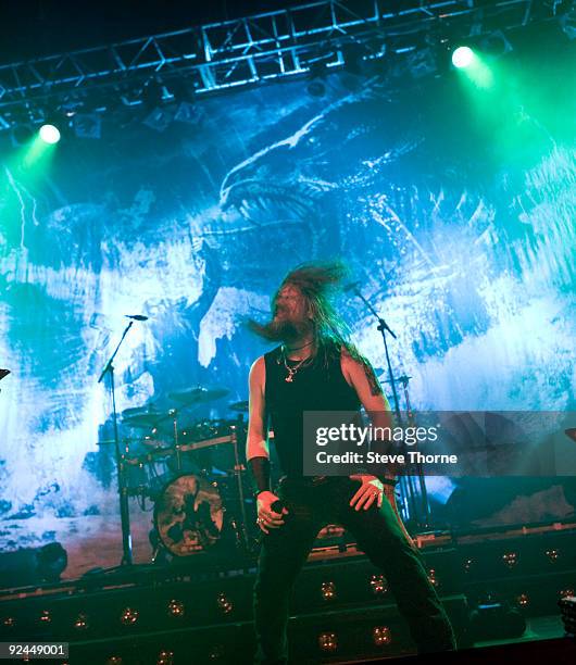 Johan Hegg of Amon Amarth performs on stage at Wulfrun Hall on October 28, 2009 in Wolverhampton, England.