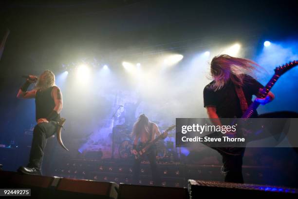 Johan Hegg of Amon Amarth performs on stage at Wulfrun Hall on October 28, 2009 in Wolverhampton, England.