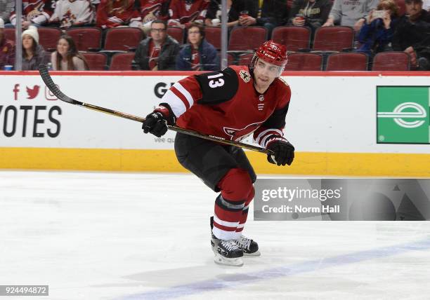 Freddie Hamilton of the Arizona Coyotes skates up ice against the Anaheim Ducks at Gila River Arena on February 24, 2018 in Glendale, Arizona.