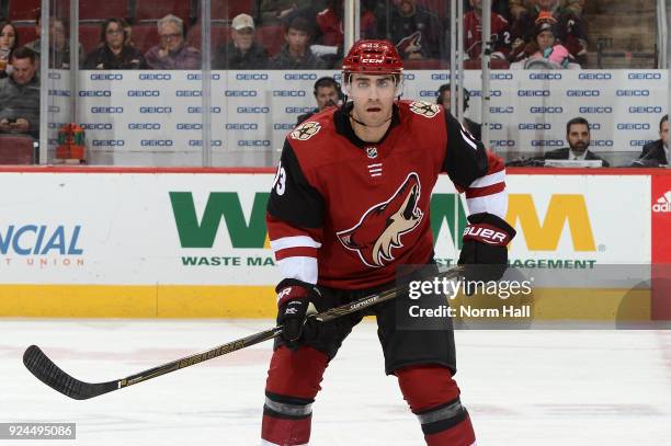 Freddie Hamilton of the Arizona Coyotes skates up ice against the Anaheim Ducks at Gila River Arena on February 24, 2018 in Glendale, Arizona.