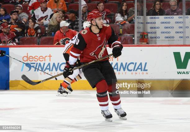 Freddie Hamilton of the Arizona Coyotes skates up ice against the Anaheim Ducks at Gila River Arena on February 24, 2018 in Glendale, Arizona.