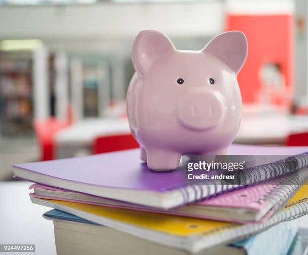 roze spaarvarken op top-laptops - studentenleningen - student loan stockfoto's en -beelden