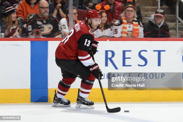 Freddie Hamilton of the Arizona Coyotes skates the puck up ice against the Anaheim Ducks at Gila River Arena on February 24, 2018 in Glendale,...