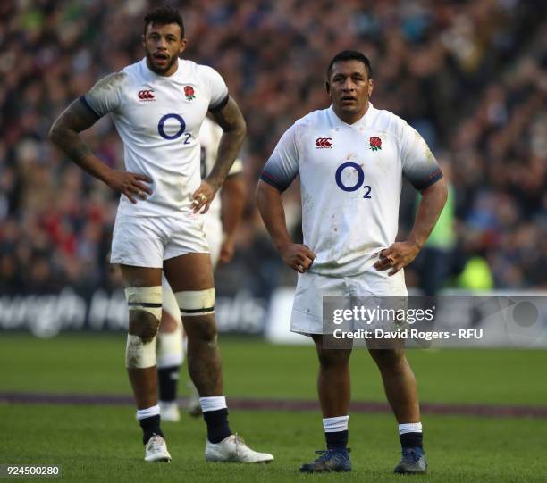 Courtney Lawes and Mako Vunipola of England look on during the NatWest Six Nations match between Scotland and England at Murrayfield on February 24,...