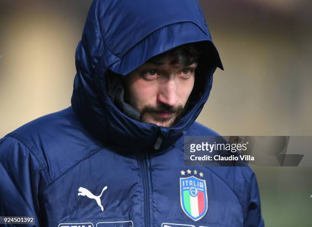 Danilo Cataldi of Italy looks on during a training session at Italy club's training ground at Coverciano at Coverciano on February 26, 2018 in...