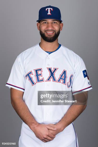 Nomar Mazara of the Texas Rangers poses during Photo Day on Wednesday, February 21, 2018 at Surprise Stadium in Surprise, Arizona.