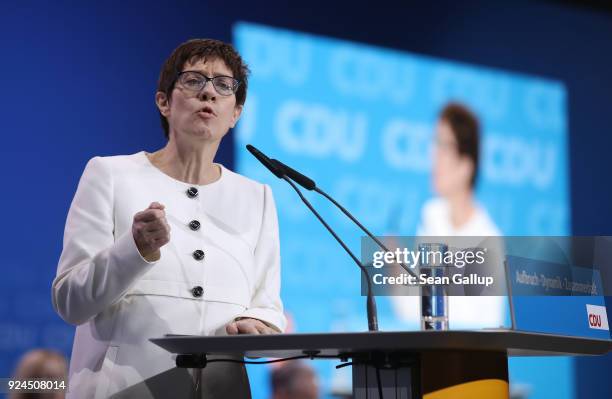 Annegret Kramp-Karrenbauer speaks to delegates shortly before she was elected new general secretary of the German Christian Democrats at the 30th CDU...