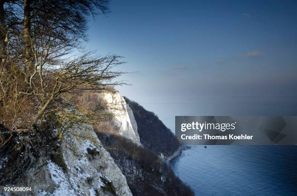 Glowe, Germany View of the Koenigsstuhl in winter in the Jasmund National Park on the island of Ruegen on February 07, 2018 in Glowe, Germany.