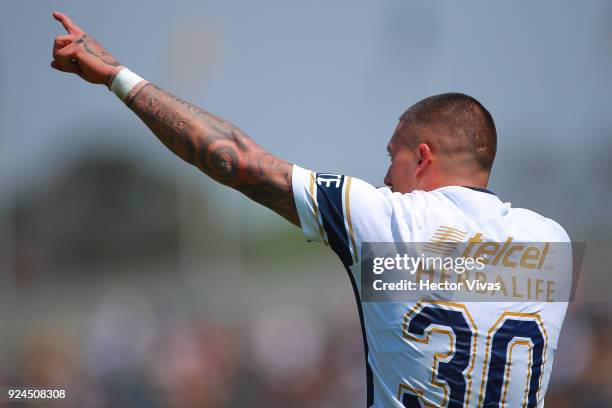 Nicolas Castillo of Pumas celebrates after scoring the first goal of his team during the 9th round match between Pumas UNAM and Chivas as part of the...