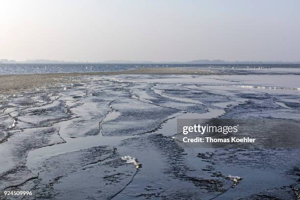 Glowe, Germany Winter picture on partially frozen Grosser Jasmunder Bodden near Glowe on the island Ruegen on February 09, 2018 in Glowe, Germany.