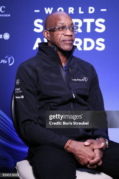 Laureus Academy member Edwin Moses is interviewed prior to the 2018 Laureus World Sports Awards at Le Meridien Beach Plaza Hotel on February 26, 2018...