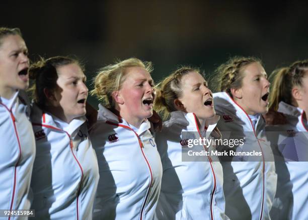 Danielle Waterman of England , and Izzy Noel-Smith , of England sing the National Anthem during the Natwest Women's Six Nations match between...