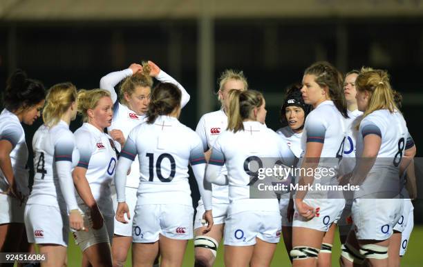 England players come together during the Natwest Women's Six Nations match between Scotland Women and England Women at Scotstoun Stadium on February...