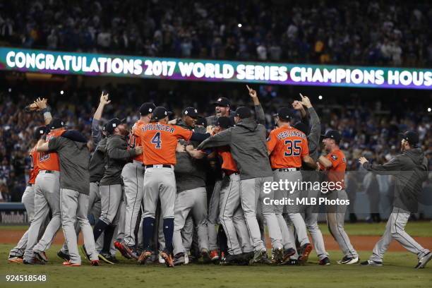 The Houston Astros celebrate defeating the Los Angeles Dodgers 5-1 in game seven to win the 2017 World Series at Dodger Stadium on November 1, 2017...