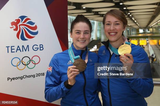 Laura Deas and Lizzy Yarnold of Great Britain pose with their skeleton bronze and gold medals during the Team GB Homecoming from the Winter Olympics...