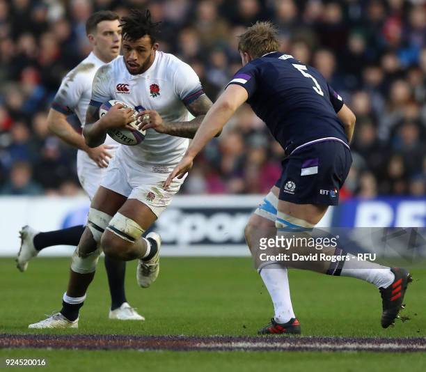 Courtney Lawes of England takes on Jonny Gray during the NatWest Six Nations match between Scotland and England at Murrayfield on February 24, 2018...