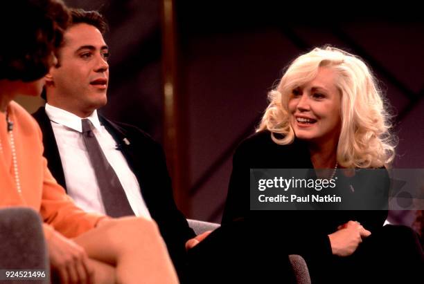 Actors Robert Downey, Jr and Cathy Moriarty appear as guests on the set of the Oprah Winfrey Show in Chicago, Illinois, May 14, 1991.