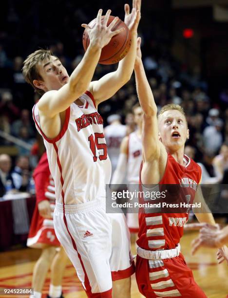 Scarborough vs South Portland Class AA South final. Connor Buckley of South Portland tries to deny a pass to Paul Kirk of Scarborough in the first...