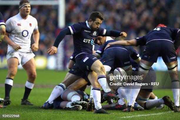 Greig Laidlaw of Scotland kicks the ball upfield during the NatWest Six Nations match between Scotland and England at Murrayfield on February 24,...