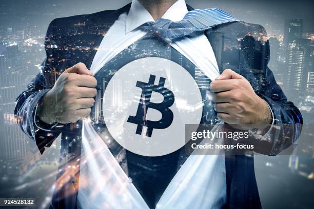 bitcoin businessman double exposure - open banking stock pictures, royalty-free photos & images