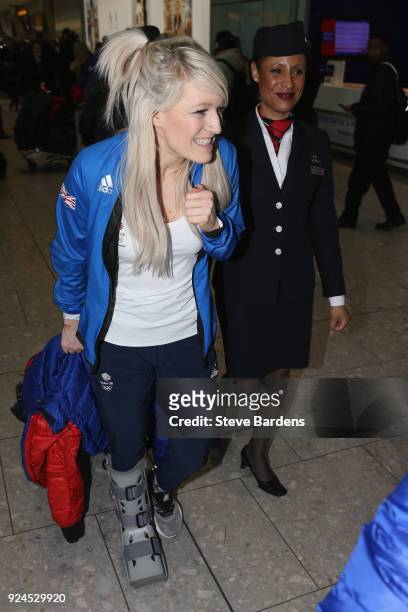 Elise Christie of Great Britain wearing a protective boot during the Team GB Homecoming from the Winter Olympics at Heathrow Airport on February 26,...