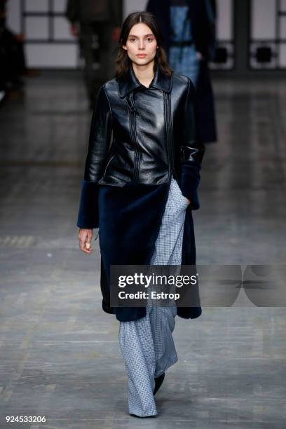 Model walks the runway at the Trussardi show during Milan Fashion Week Fall/Winter 2018/19 on February 25, 2018 in Milan, Italy.