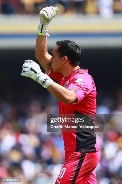 Rodolfo Cota goalkeeper of Chivas celebrates after teammate Oswaldo Alanis scored the first goal of his team during the 9th round match between Pumas...