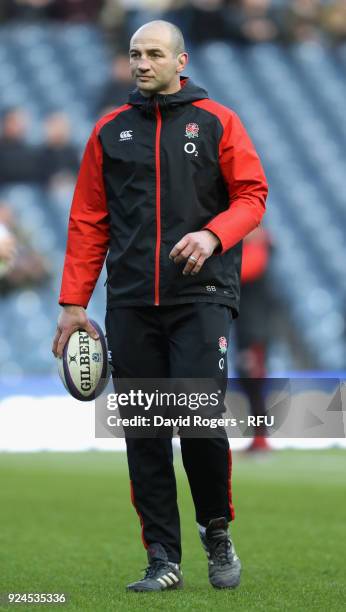 Steve Borthwick, the England forwards coach looks on during the NatWest Six Nations match between Scotland and England at Murrayfield on February 24,...