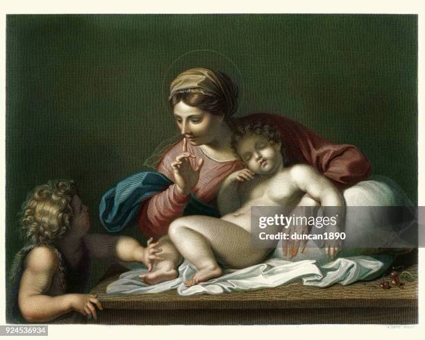 ilustrações de stock, clip art, desenhos animados e ícones de silence ! virgin and child with the infant baptist - fine art painting