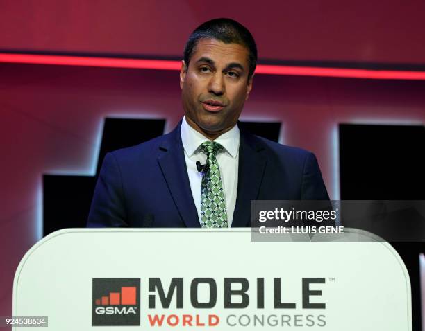 Chairman of the USA Federal Communications Commission, US telecommunications director Ajit Pai, gives a press conference on the first day of the...