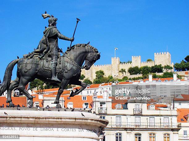 view of lisbon square with horse statue and castle - st george stock pictures, royalty-free photos & images