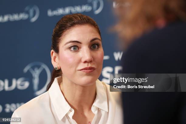 Hope Solo is interviewed prior to the 2018 Laureus World Sports Awards at Le Meridien Beach Plaza Hotel on February 26, 2018 in Monaco, Monaco.