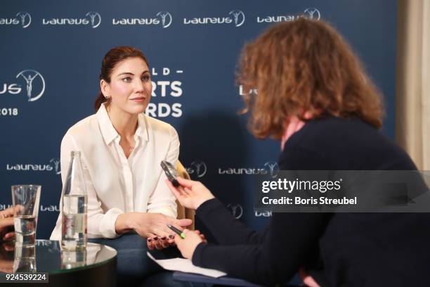Hope Solo is interviewed prior to the 2018 Laureus World Sports Awards at Le Meridien Beach Plaza Hotel on February 26, 2018 in Monaco, Monaco.
