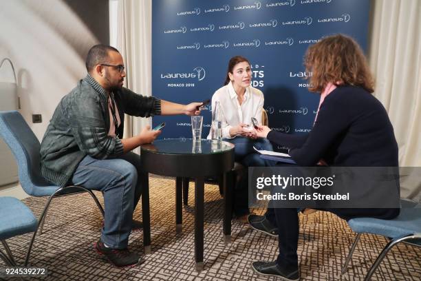 Hope Solo is interviewed prior to the 2018 Laureus World Sports Awards at Le Meridien Beach Plaza Hotel on February 26, 2018 in Monaco, Monaco.