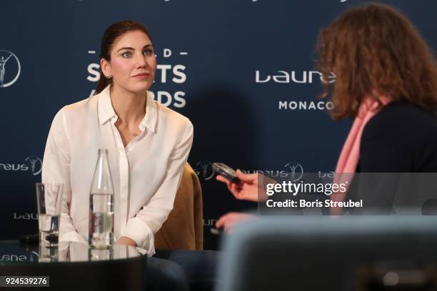 Hope Solo is interviewed prior to the 2018 Laureus World Sports Awards at Le Meridien Beach Plaza Hotel on February 26, 2018 in Monaco, Monaco.