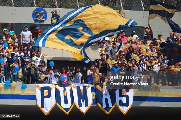 Fans of Pumas cheer for their team during the 9th round match between Pumas UNAM and Chivas as part of the Torneo Clausura 2018 Liga MX at Olimpico...