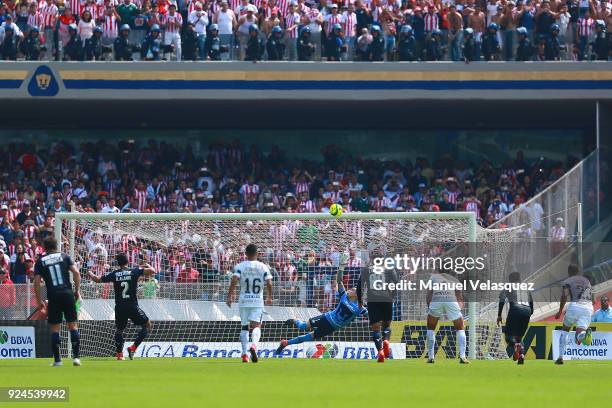 Oswaldo Alanis of Chivas fails a penalty kick during the 9th round match between Pumas UNAM and Chivas as part of the Torneo Clausura 2018 Liga MX at...