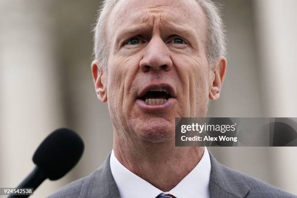 Governor of Illinois Bruce Rauner speaks to members of the media in front of the U.S. Supreme Court after a hearing on February 26, 2018 in...