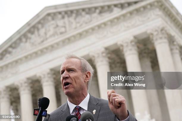 Governor of Illinois Bruce Rauner speaks to members of the media in front of the U.S. Supreme Court after a hearing on February 26, 2018 in...