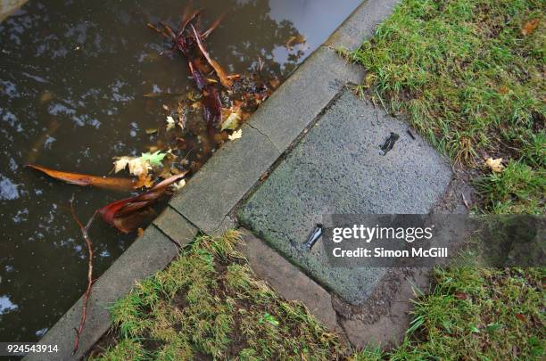 street drain blocked with tree bark and debris causing flooding across a road after torrential rain - storm drain stock pictures, royalty-free photos & images