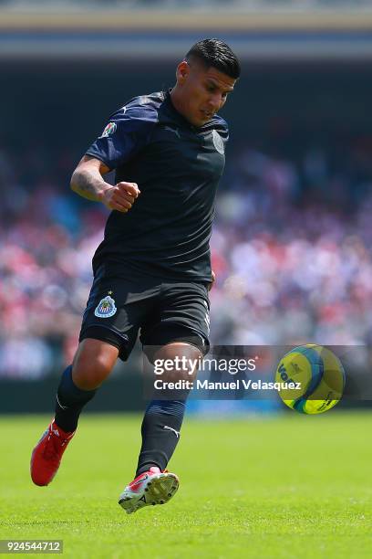 Carlos Salcido of Chivas controls the ball during the 9th round match between Pumas UNAM and Chivas as part of the Torneo Clausura 2018 Liga MX at...