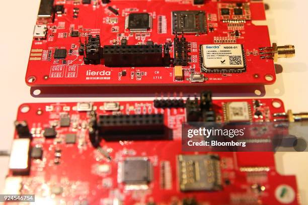 Lierda Science & Technology Group Co Ltd. NB08-01 LTE NB-IoT Module stands on display during the opening day of the Mobile World Congress in...