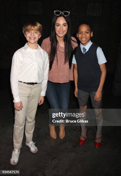 Jake Katzman, Kacey Musgraves and Jesus Del Orden pose backstage at the hit musical "Kinky Boots" on Broadway at The Al Hirshfeld Theater on February...