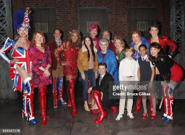Kacey Musgraves and her Nana pose with Jake Shears an the cast backstage at the hit musical "Kinky Boots" on Broadway at The Al Hirshfeld Theater on...
