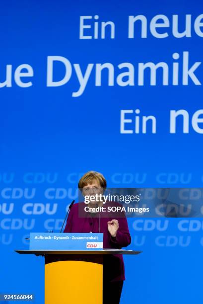 Chancellor of the Federal Republic of Germany Angela Merkel holds a speech during the 30th congress of the CDU. The CDU votes today at the party...