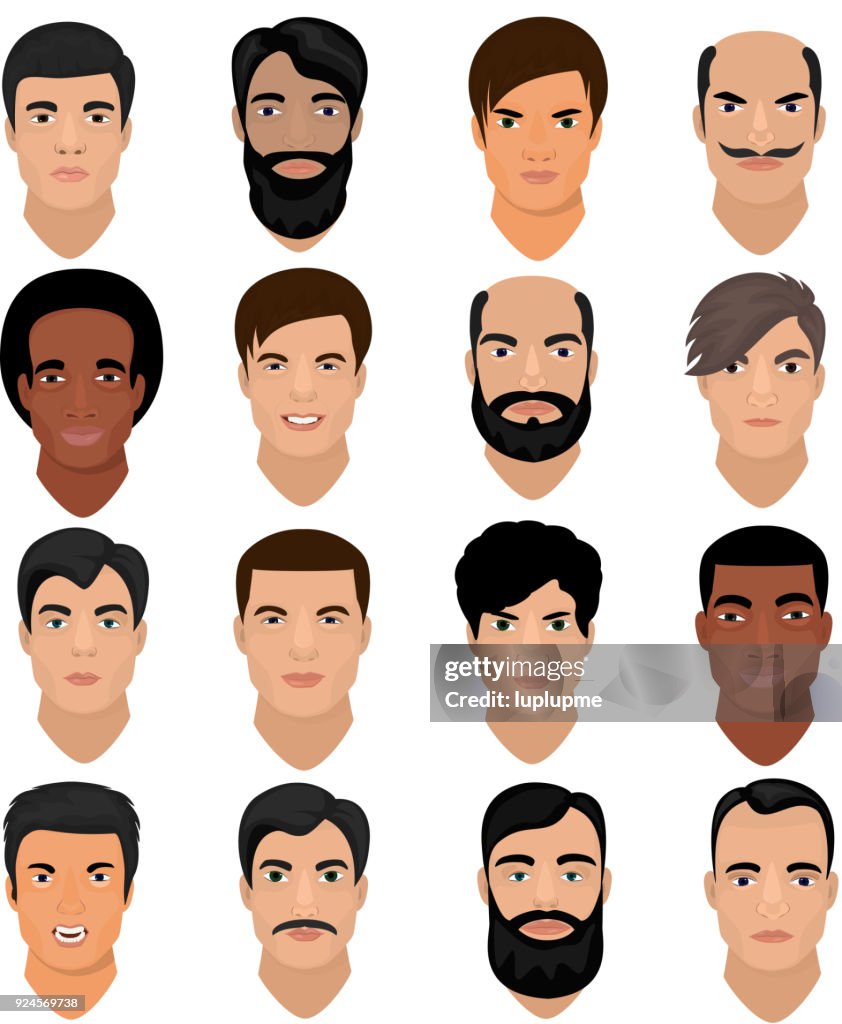 Man Portrait Vector Male Character Face Of Boy With Hairstyle And Cartoon  Manlike Person With Various Skin Tone And Beard Illustration Set Of  Masculine Facial Features Isolated On White Background High-Res Vector