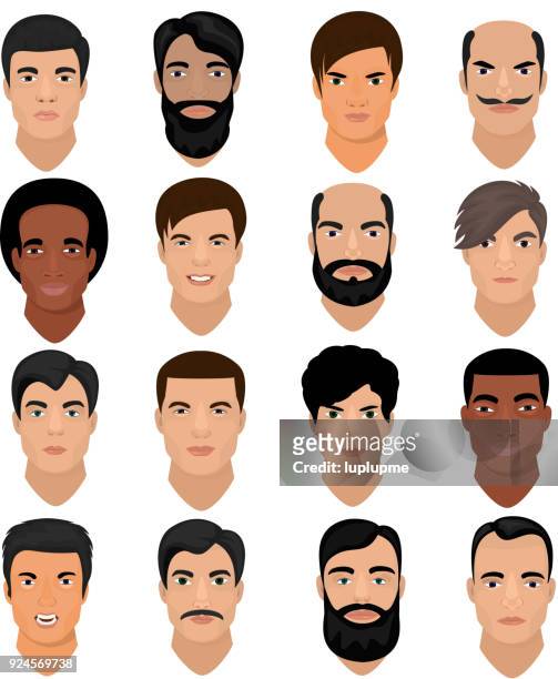 Man Portrait Vector Male Character Face Of Boy With Hairstyle And Cartoon  Manlike Person With Various Skin Tone And Beard Illustration Set Of Masculine  Facial Features Isolated On White Background High-Res Vector