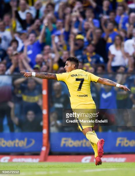 Cristian Pavon of Boca Juniors celebrates after scoring the second goal of his team during a match between Boca Juniors and San Martin de San Juan as...