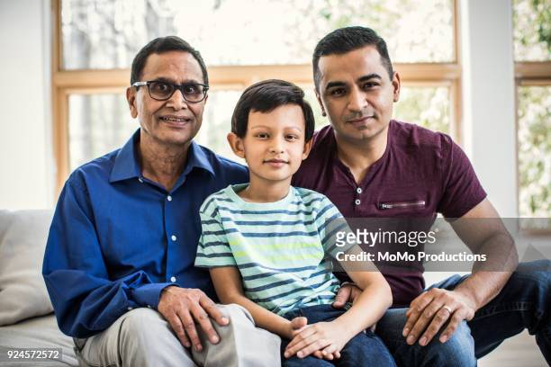 portrait of son, father and grandfather - indian family portrait stock pictures, royalty-free photos & images