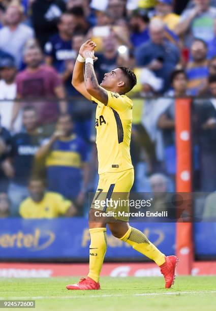 Cristian Pavon of Boca Juniors celebrates after scoring the second goal of his team during a match between Boca Juniors and San Martin de San Juan as...